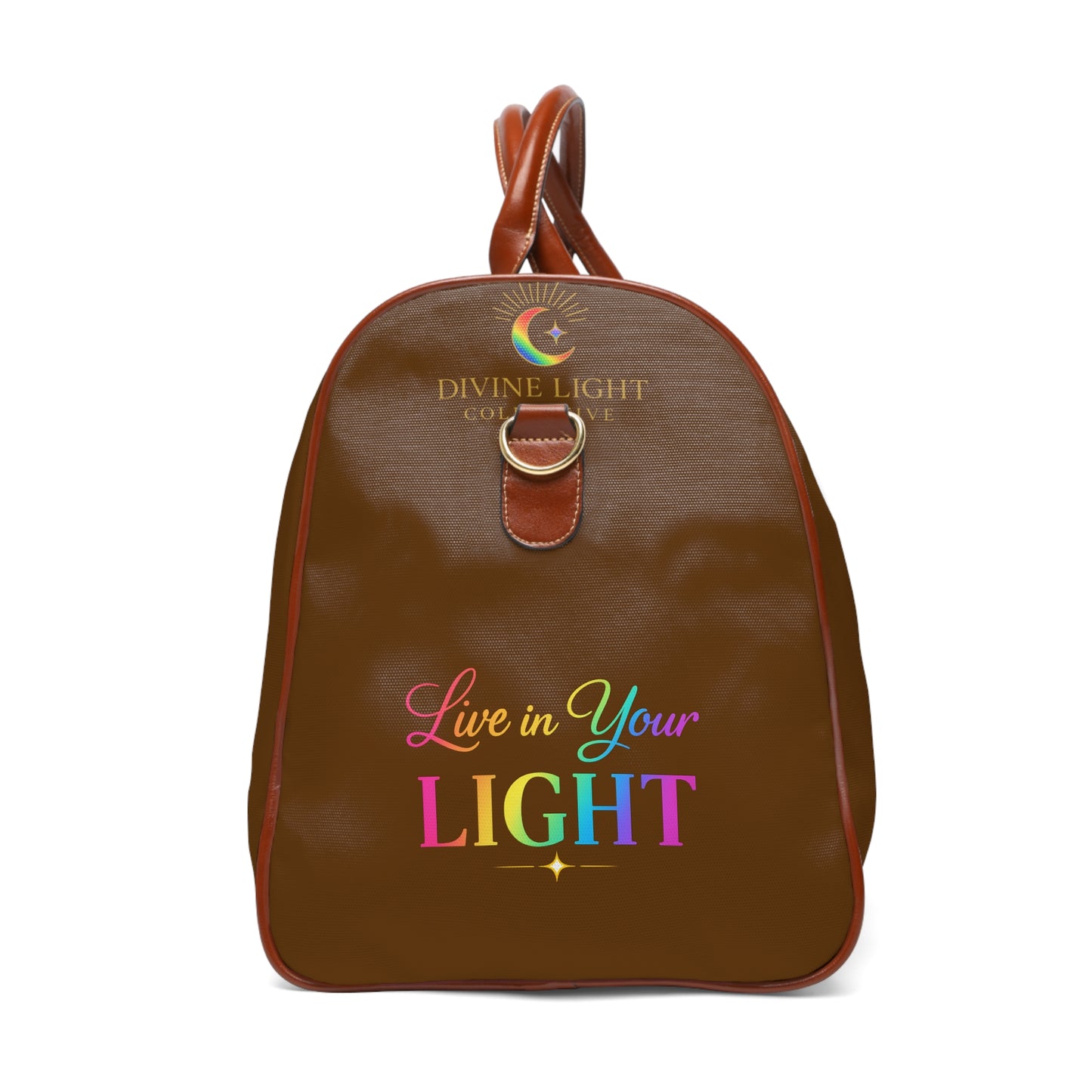 Duffle Bag — "Live in Your Light" Waterproof Travel Duffle (Inspirational Rainbow Quote)
