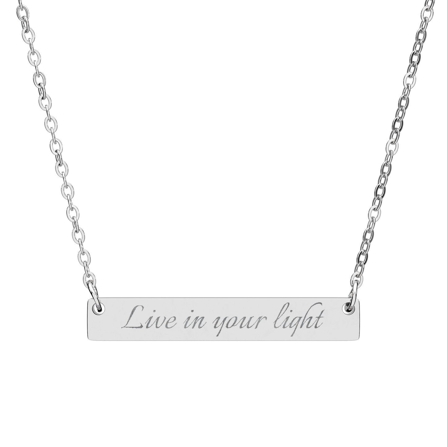 Engraved Horizontal Bar Necklace — “Live in Your Light” Personalized Pendant