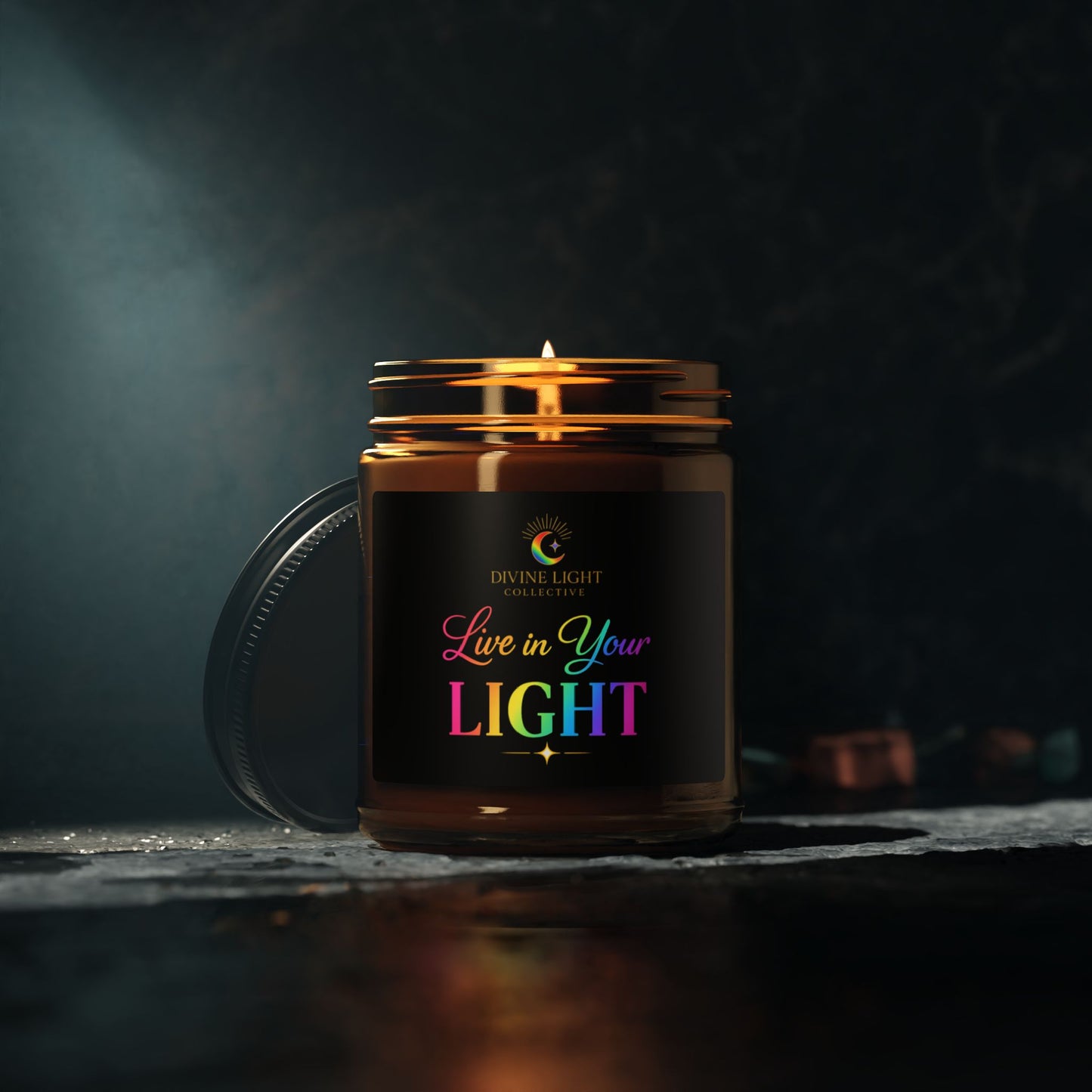 Soy Candle — “Live in Your Light” Amber Jar (Aromatherapy Scented, Multi-Size)