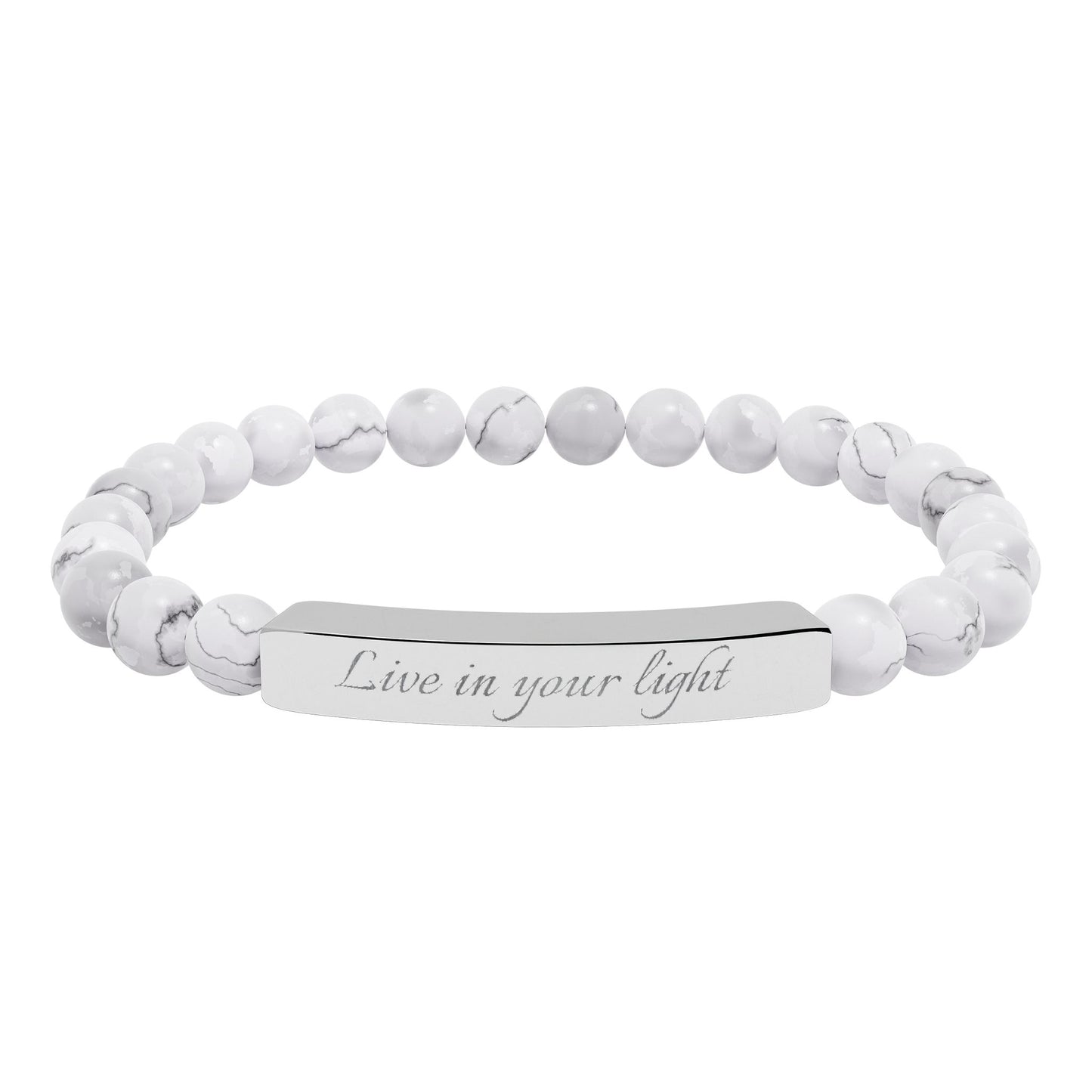 Natural Stone Beaded Stretch Bracelet with Engraved Bar — Live in your light Message Jewelry