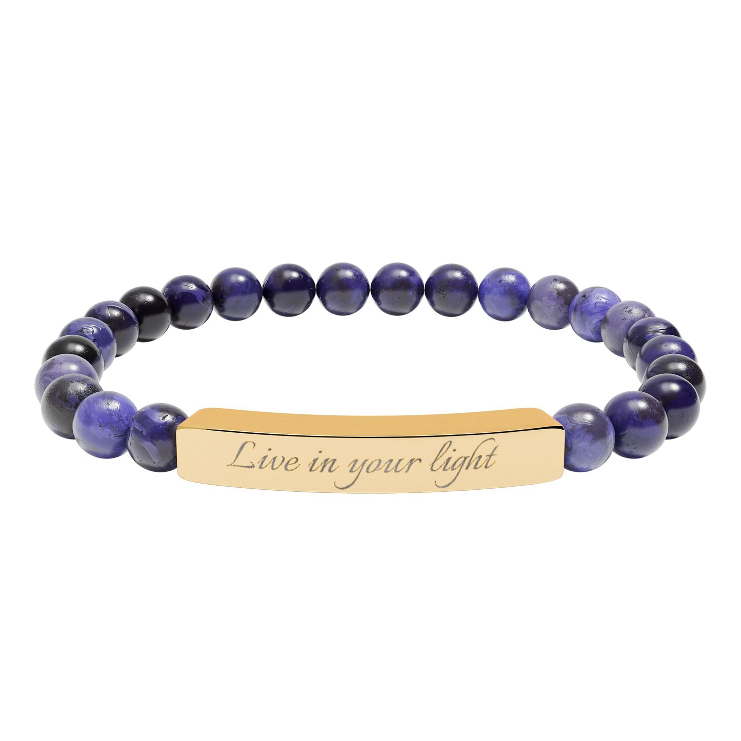Natural Stone Beaded Stretch Bracelet with Engraved Bar — Live in your light Message Jewelry