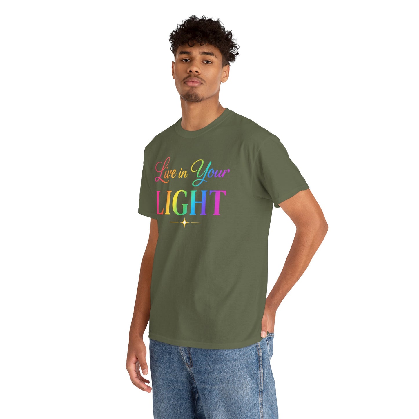 Live in Your Light Rainbow T‑Shirt — Inspirational Positive Message Tee