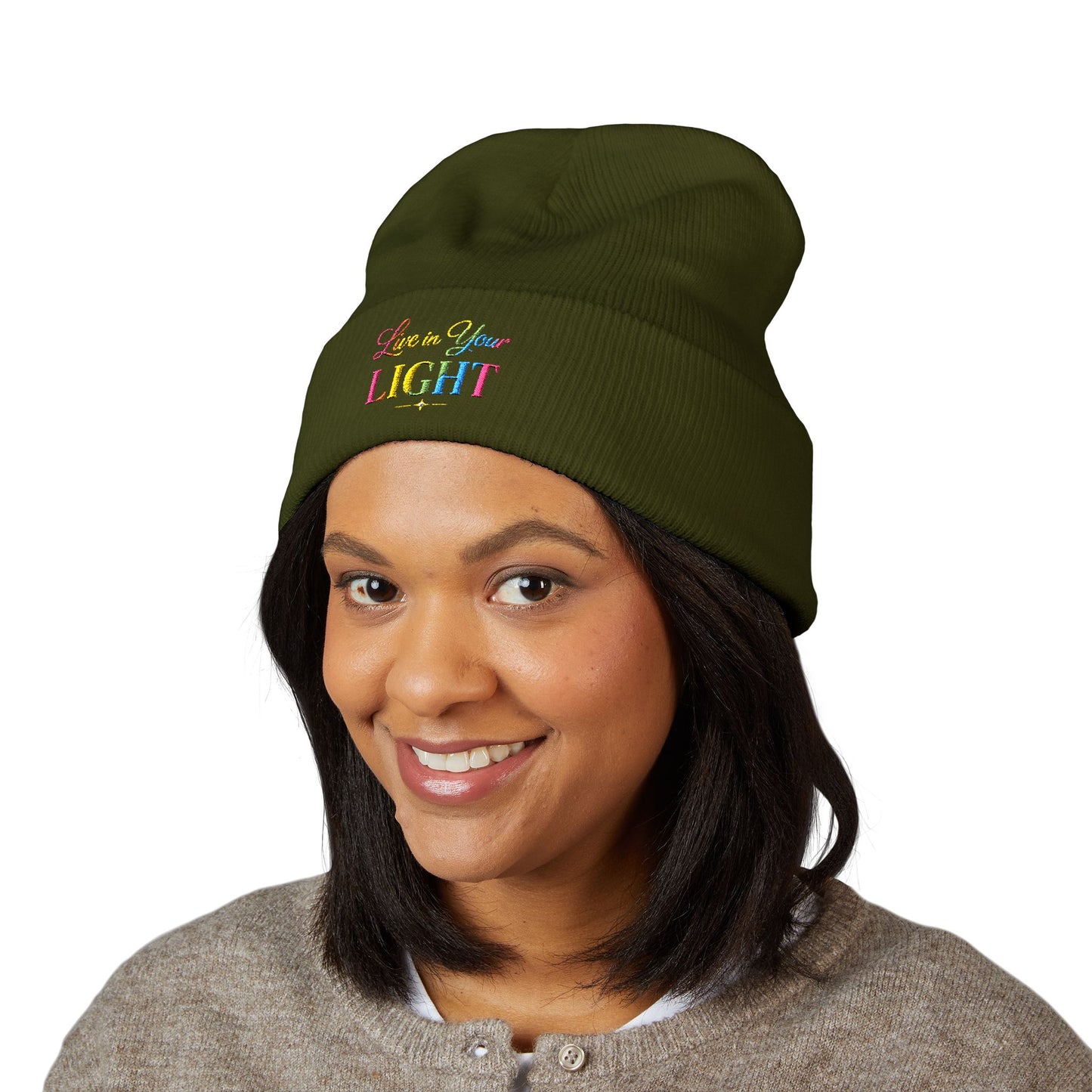 Embroidered "Live Your Light" Cuffed Beanie