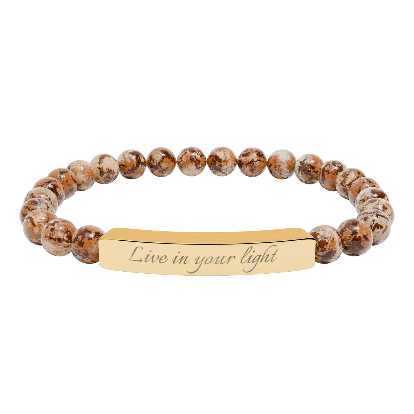 Natural Stone Beaded Stretch Bracelet with Engraved Bar — Live in your light Message Jewelry
