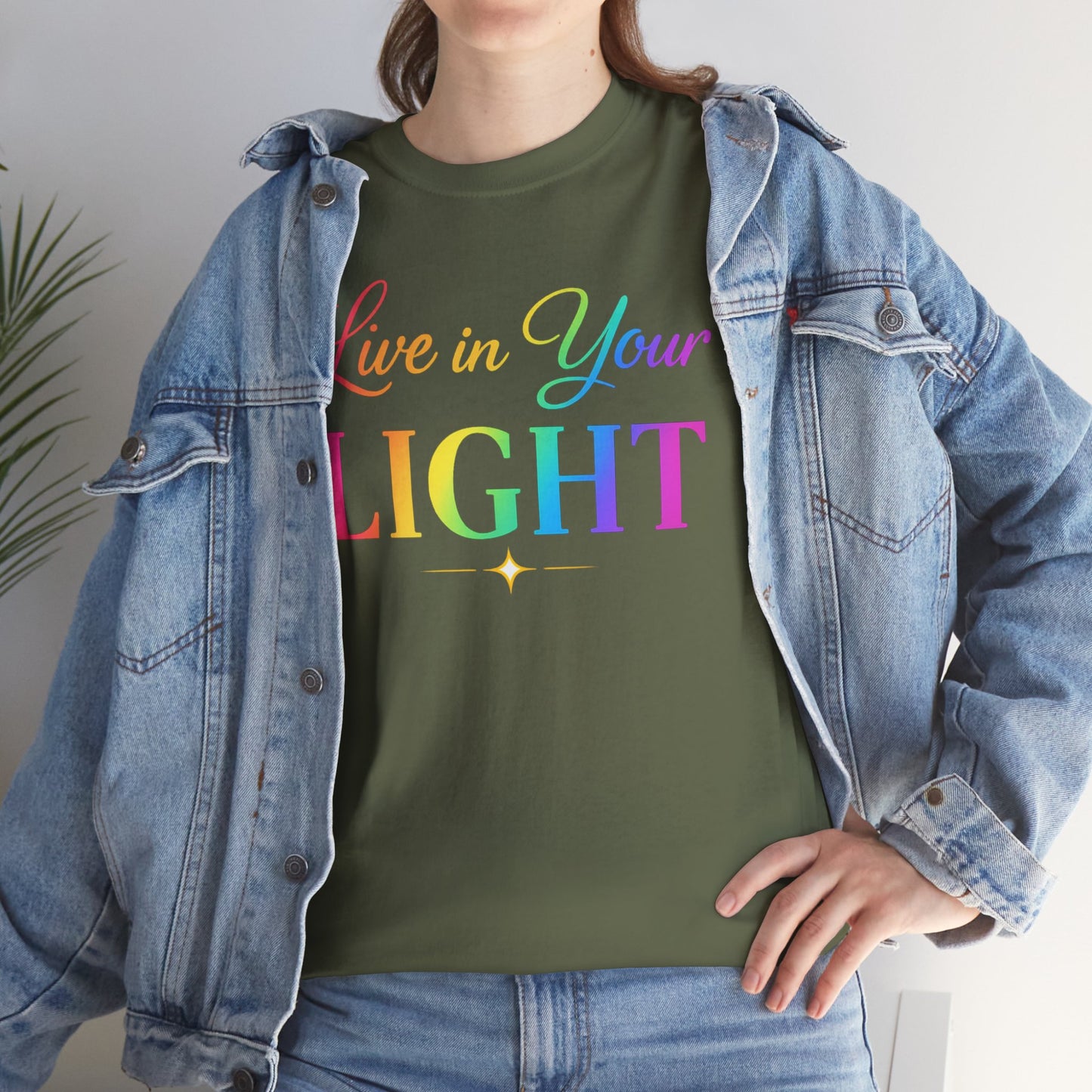 Live in Your Light Rainbow T‑Shirt — Inspirational Positive Message Tee
