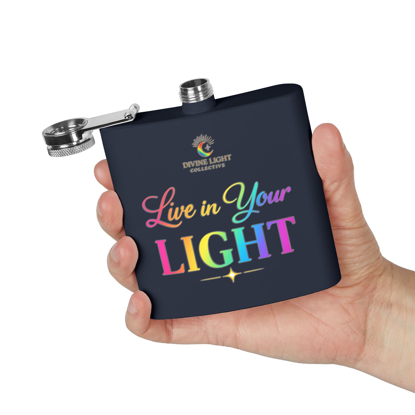 Live in Your Light Stainless Steel Flask — 6oz Rainbow Inspirational Hip Flask