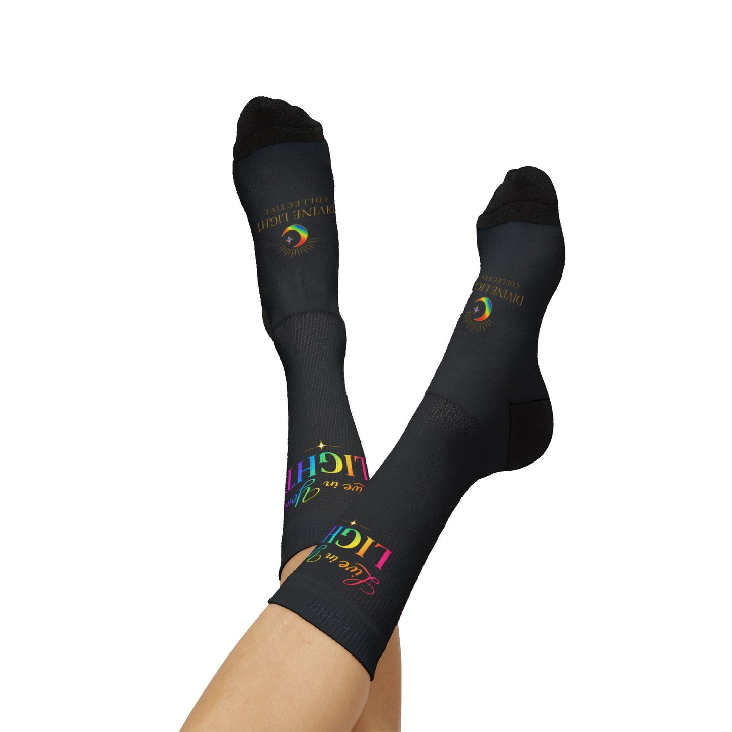 Inspirational 'Live in Your Light' Sublimation Socks — Rainbow Text Crew Socks