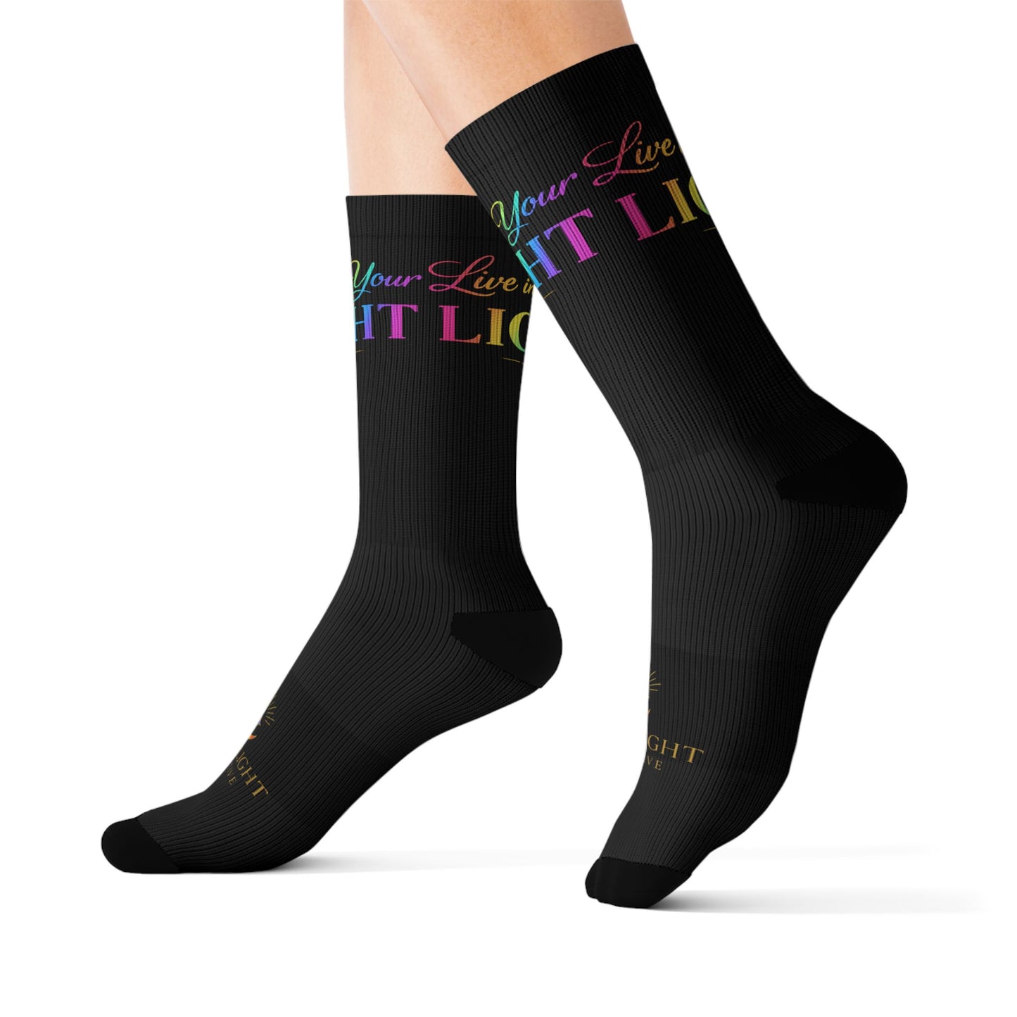 Inspirational 'Live in Your Light' Sublimation Socks — Rainbow Text Crew Socks