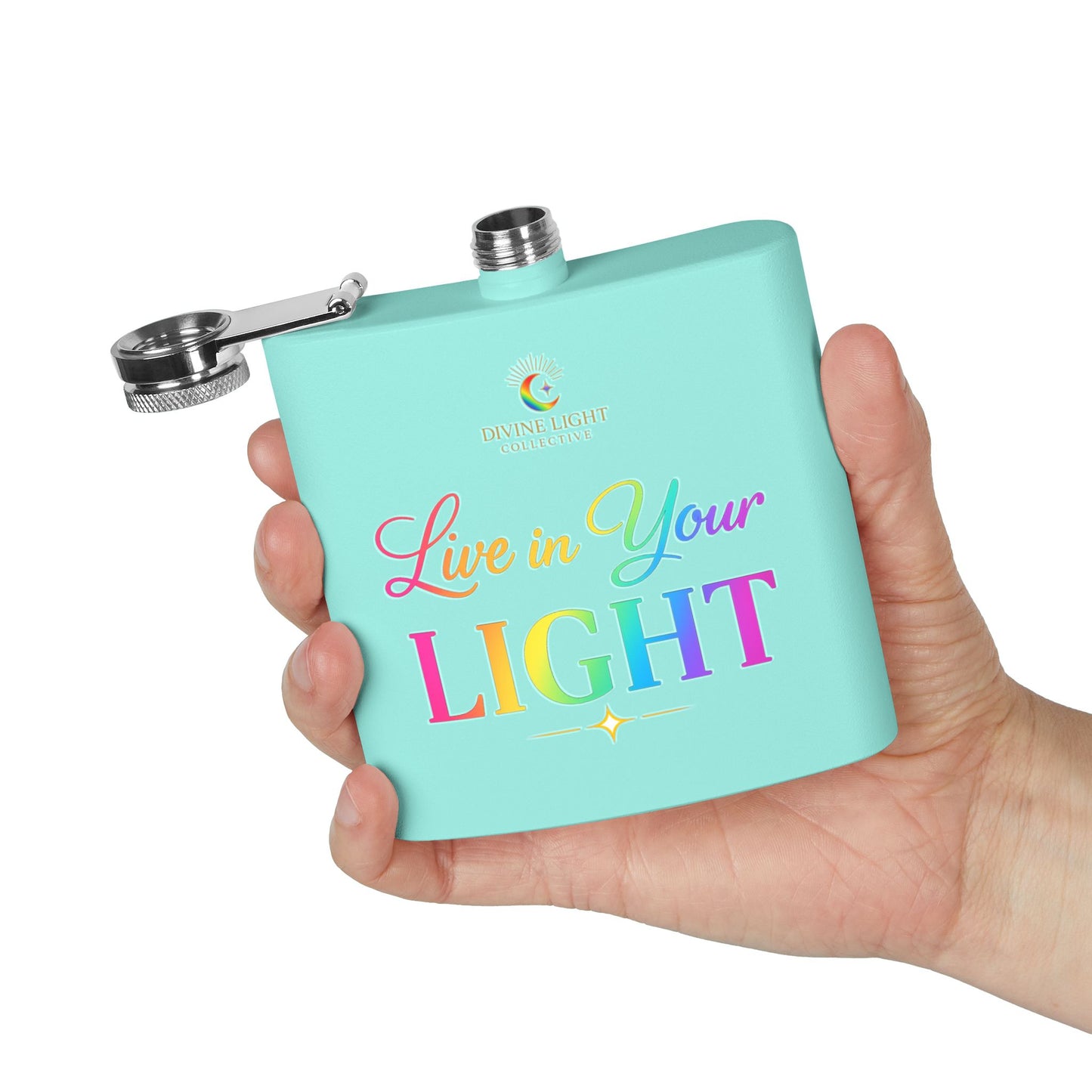 Live in Your Light Stainless Steel Flask — 6oz Rainbow Inspirational Hip Flask