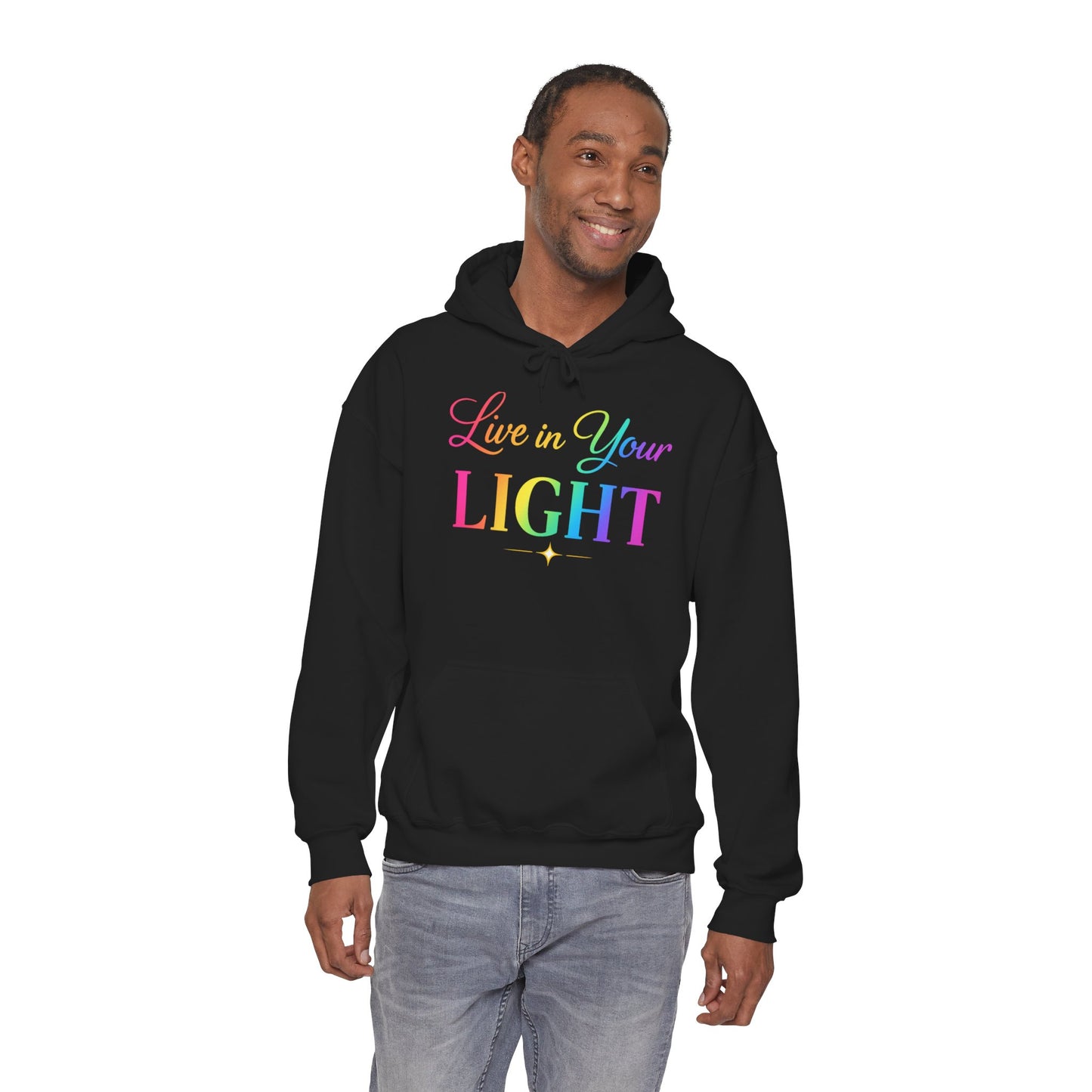 Live in Your Light Hoodie — Rainbow Inspirational Pullover