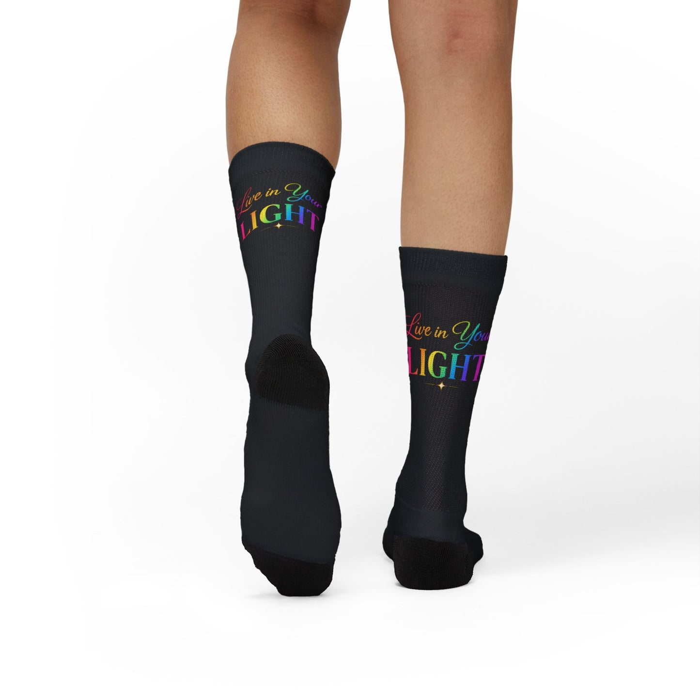 Inspirational 'Live in Your Light' Sublimation Socks — Rainbow Text Crew Socks