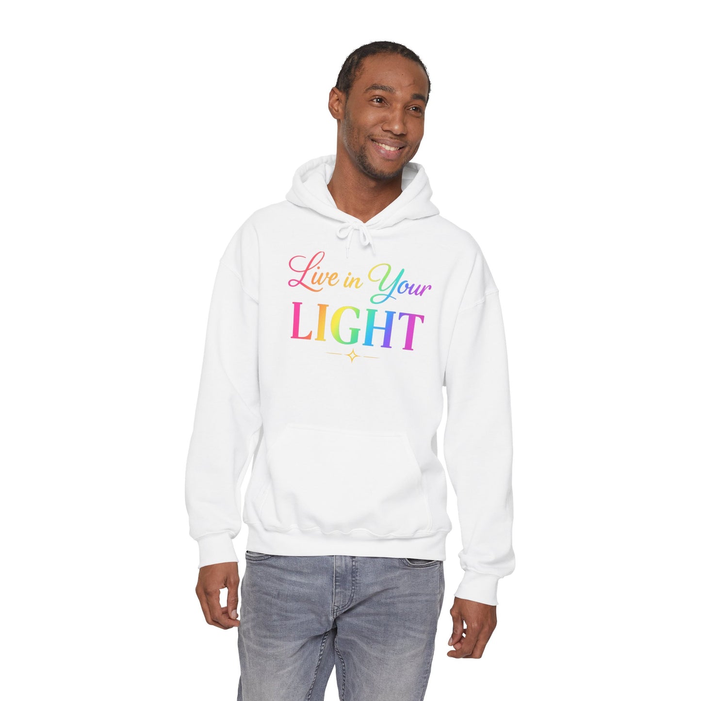 Live in Your Light Hoodie — Rainbow Inspirational Pullover