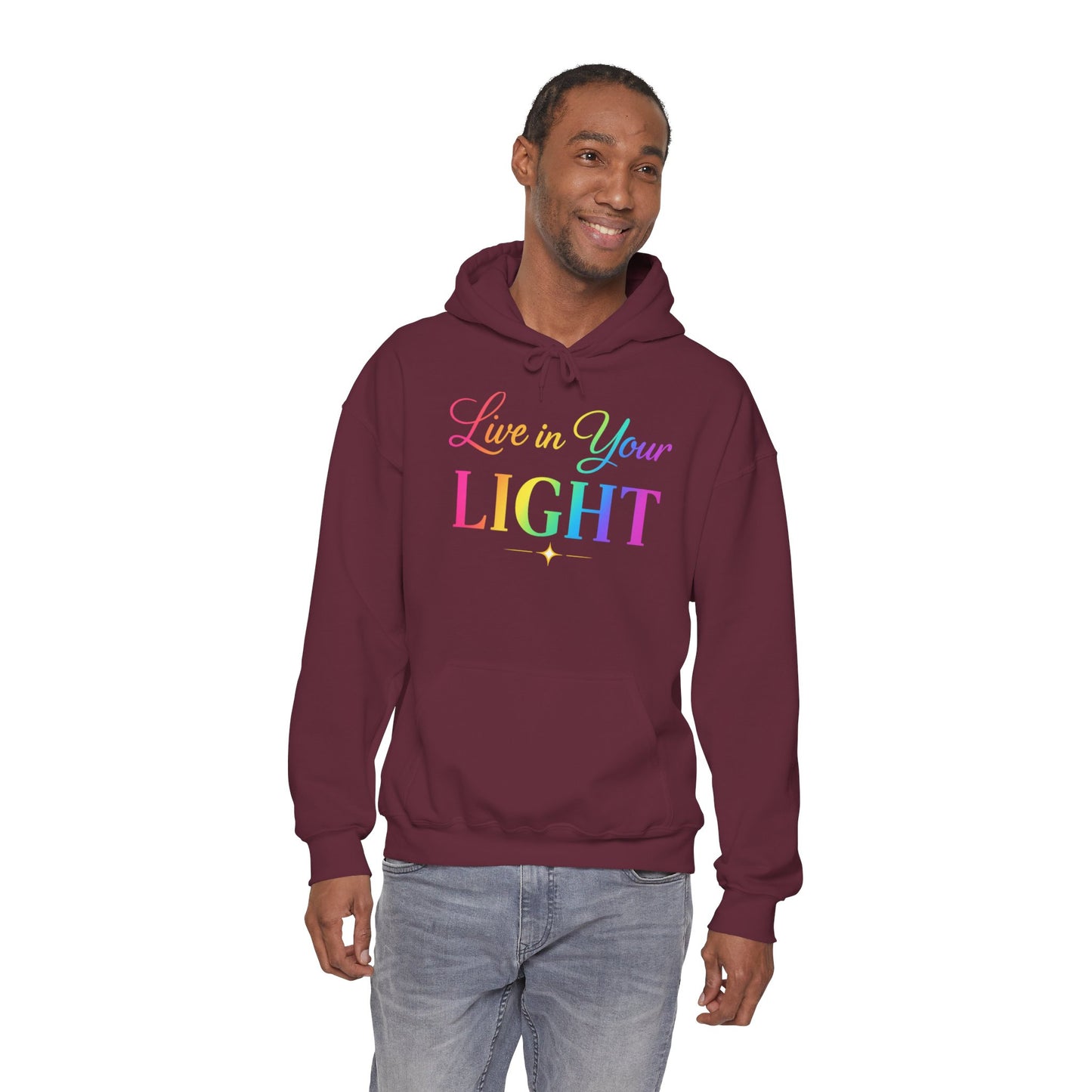 Live in Your Light Hoodie — Rainbow Inspirational Pullover