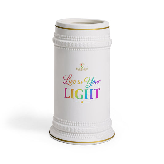 Live in Your Light Ceramic Stein Mug — Inspirational Rainbow Quote Beer Stein