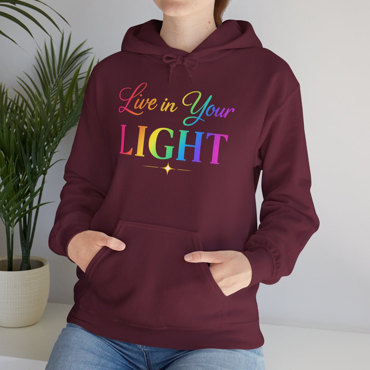 Live in Your Light Hoodie — Rainbow Inspirational Pullover