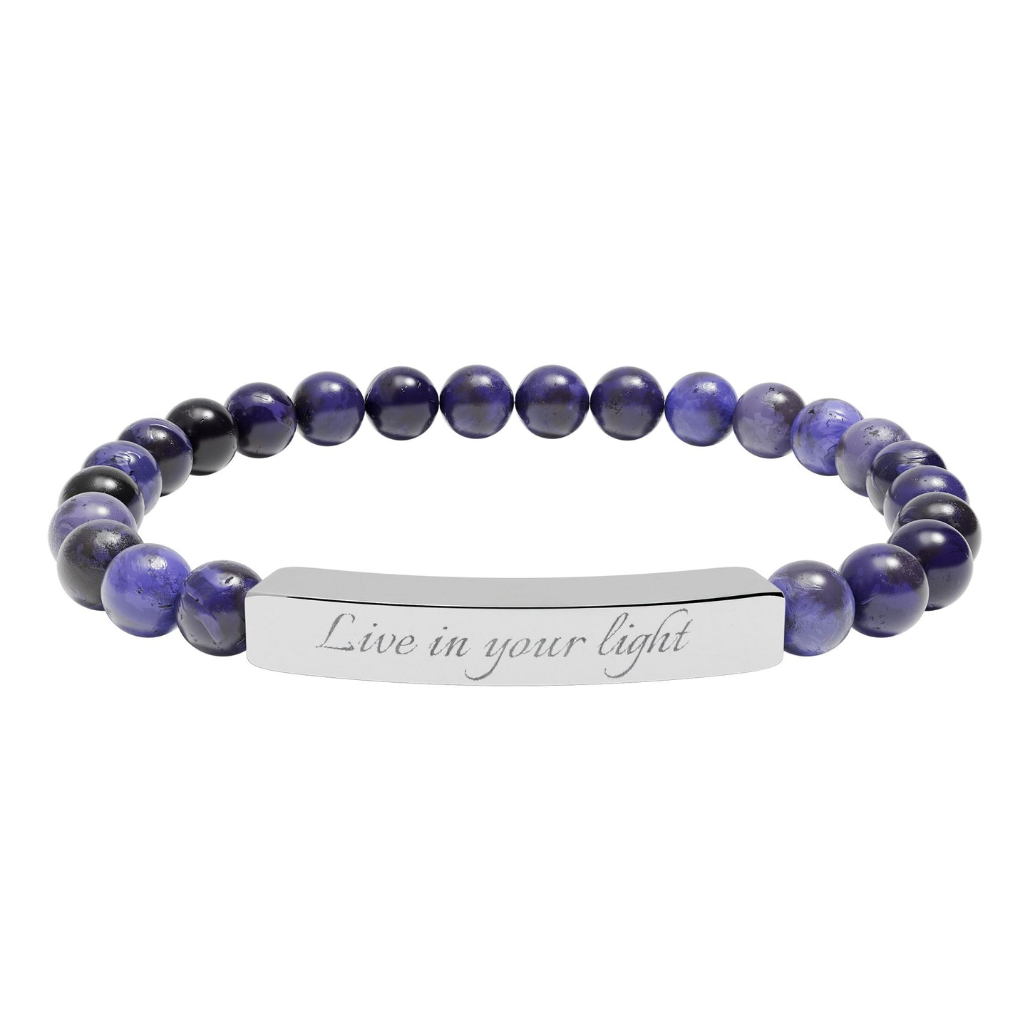 Natural Stone Beaded Stretch Bracelet with Engraved Bar — Live in your light Message Jewelry
