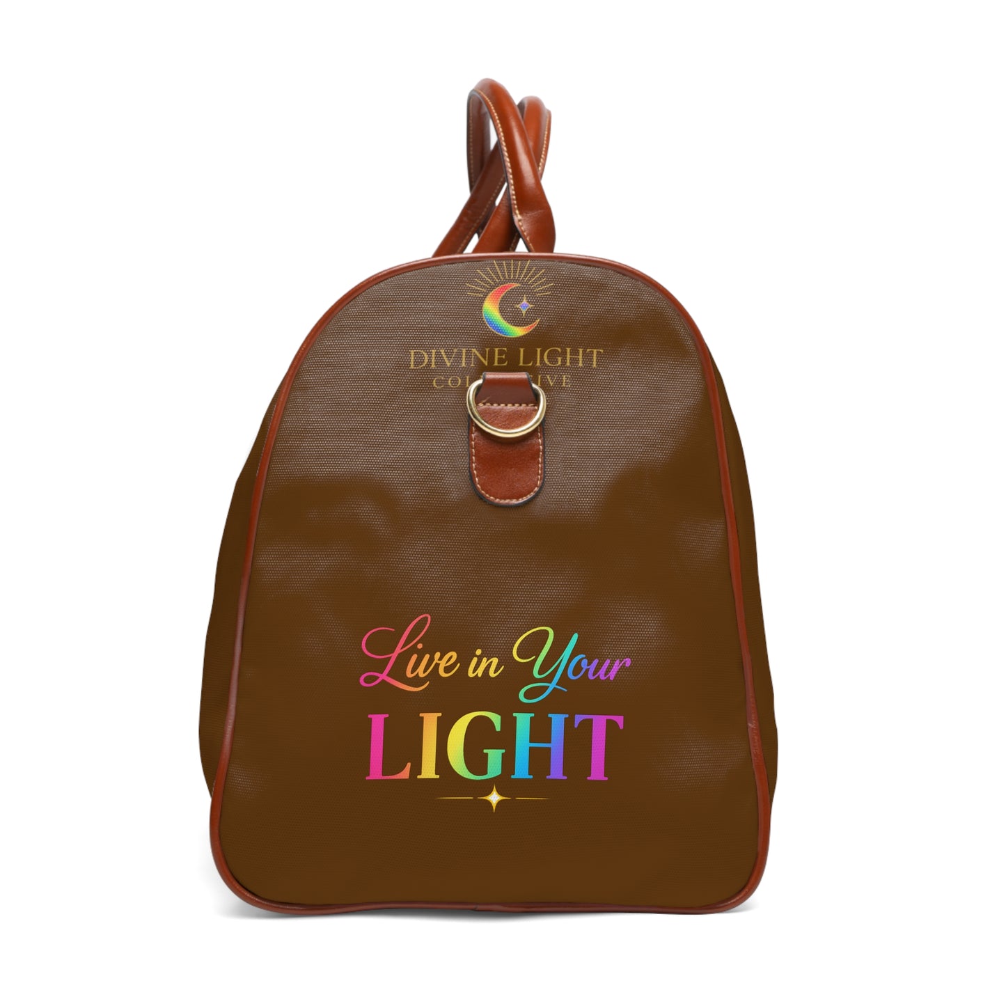 Duffle Bag — "Live in Your Light" Waterproof Travel Duffle (Inspirational Rainbow Quote)