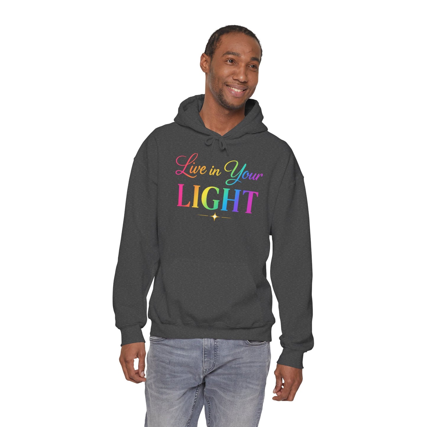 Live in Your Light Hoodie — Rainbow Inspirational Pullover