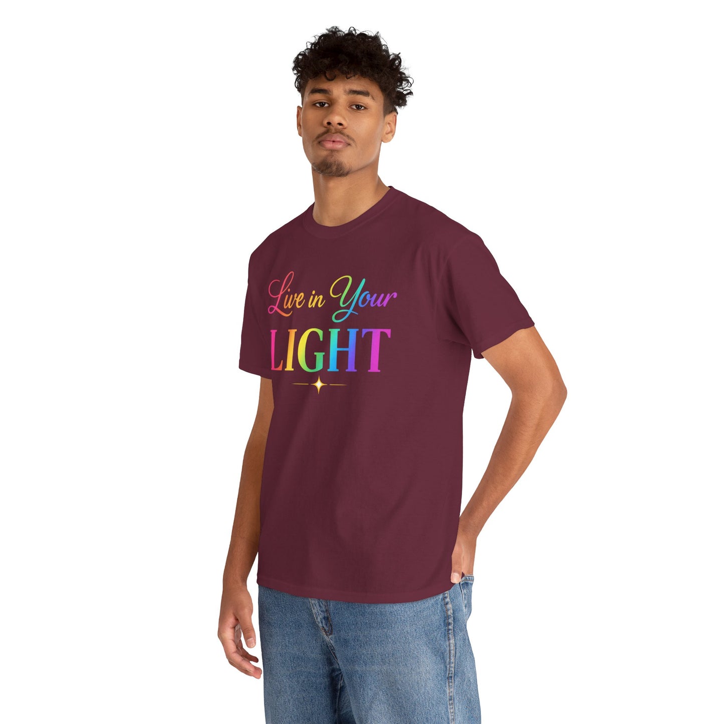 Live in Your Light Rainbow T‑Shirt — Inspirational Positive Message Tee
