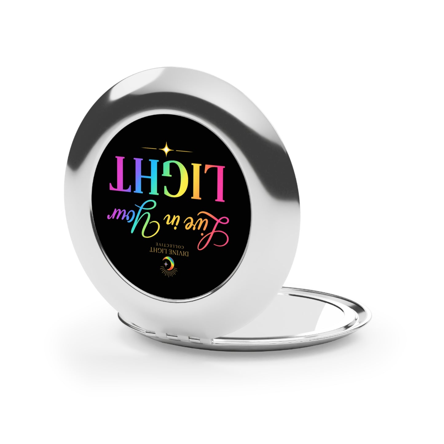 Compact Travel Mirror — "Live in Your Light" Rainbow Inspirational Pocket Mirror