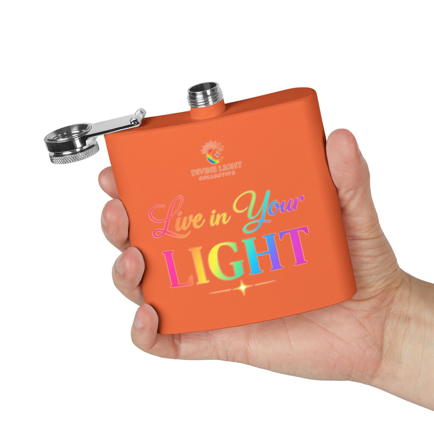 Live in Your Light Stainless Steel Flask — 6oz Rainbow Inspirational Hip Flask