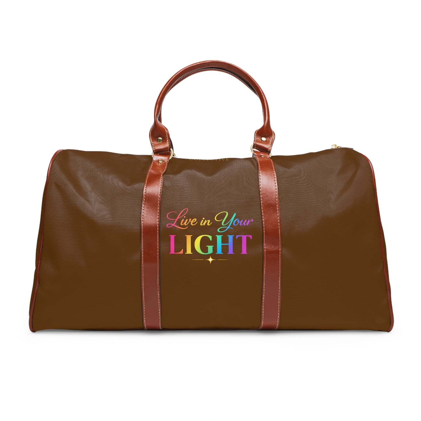 Duffle Bag — "Live in Your Light" Waterproof Travel Duffle (Inspirational Rainbow Quote)