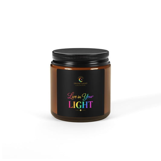 Soy Candle — “Live in Your Light” Amber Jar (Aromatherapy Scented, Multi-Size)