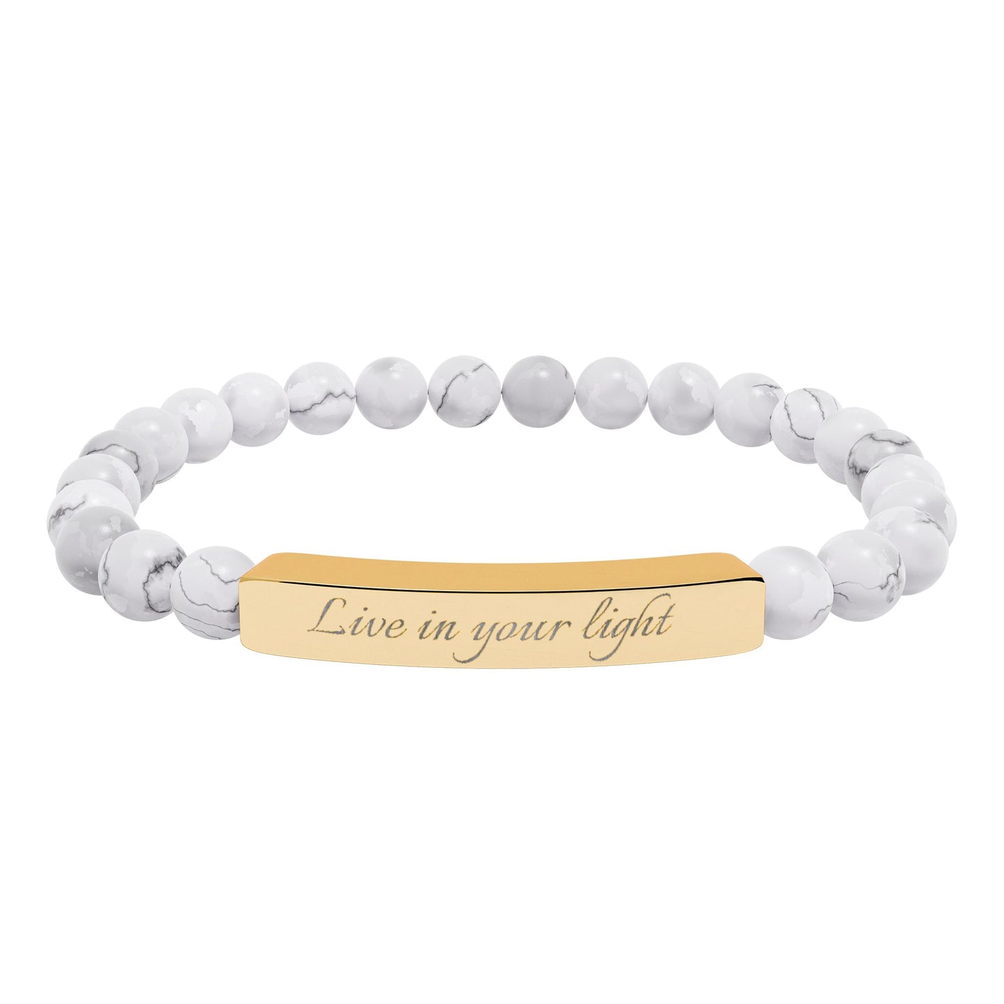 Natural Stone Beaded Stretch Bracelet with Engraved Bar — Live in your light Message Jewelry