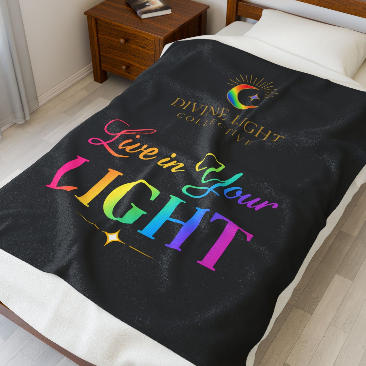 Velveteen Blanket — "Live in Your Light" Rainbow Spiritual Throw (Divine Light Collective)