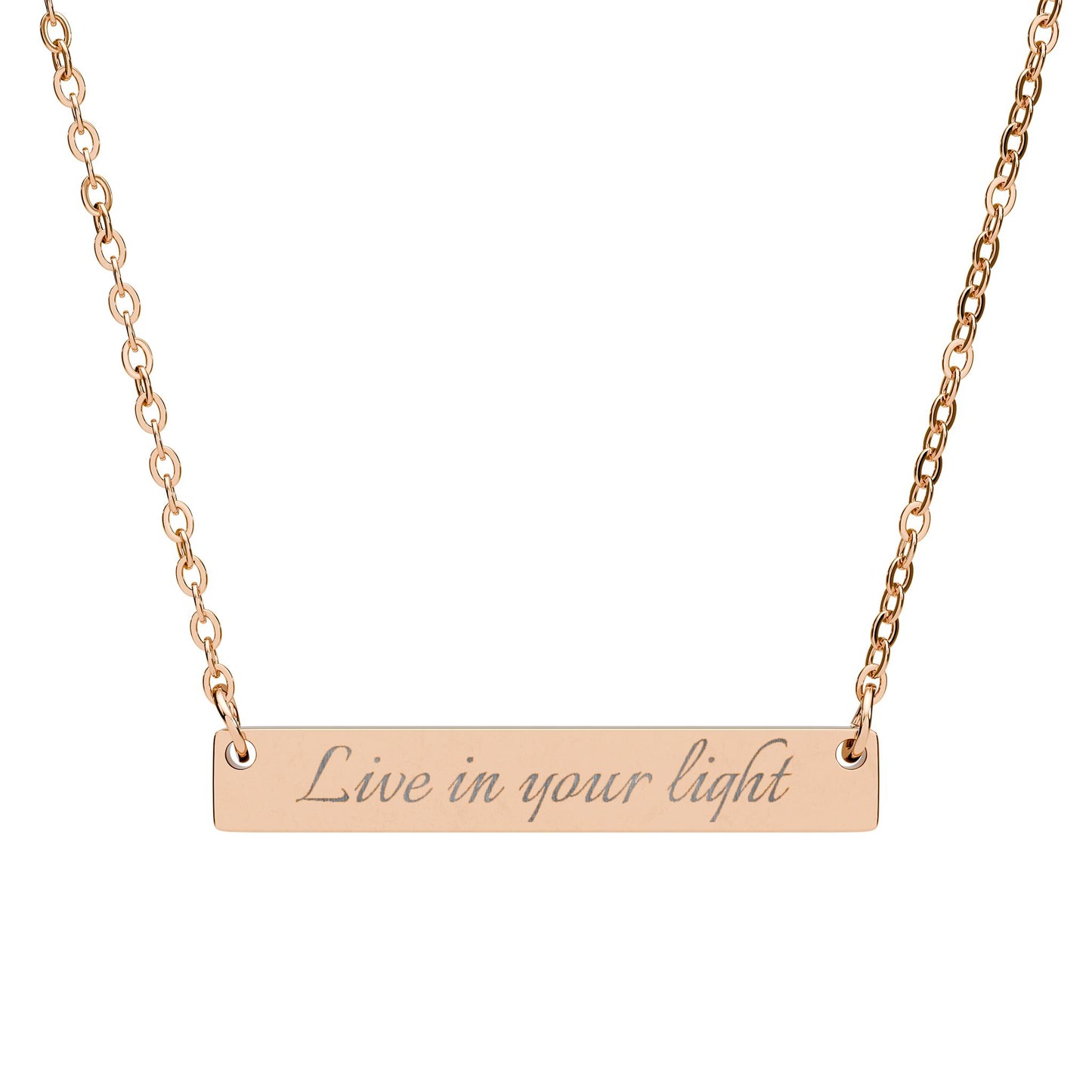 Engraved Horizontal Bar Necklace — “Live in Your Light” Personalized Pendant