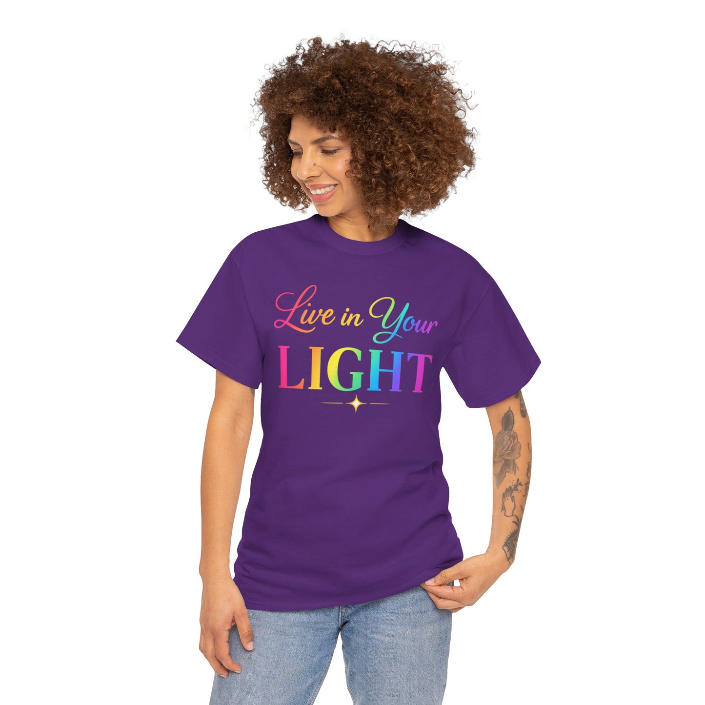 Live in Your Light Rainbow T‑Shirt — Inspirational Positive Message Tee