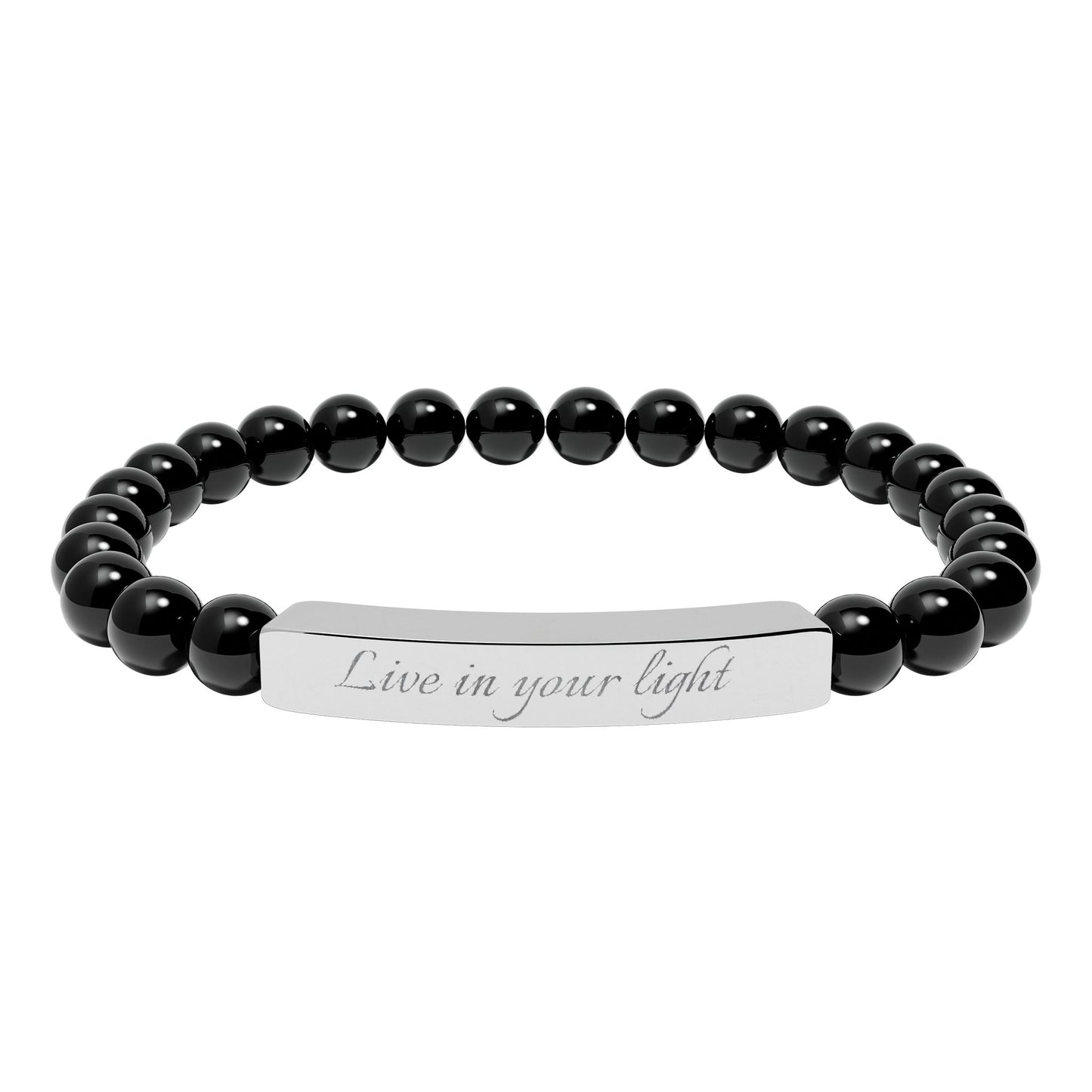 Natural Stone Beaded Stretch Bracelet with Engraved Bar — Live in your light Message Jewelry