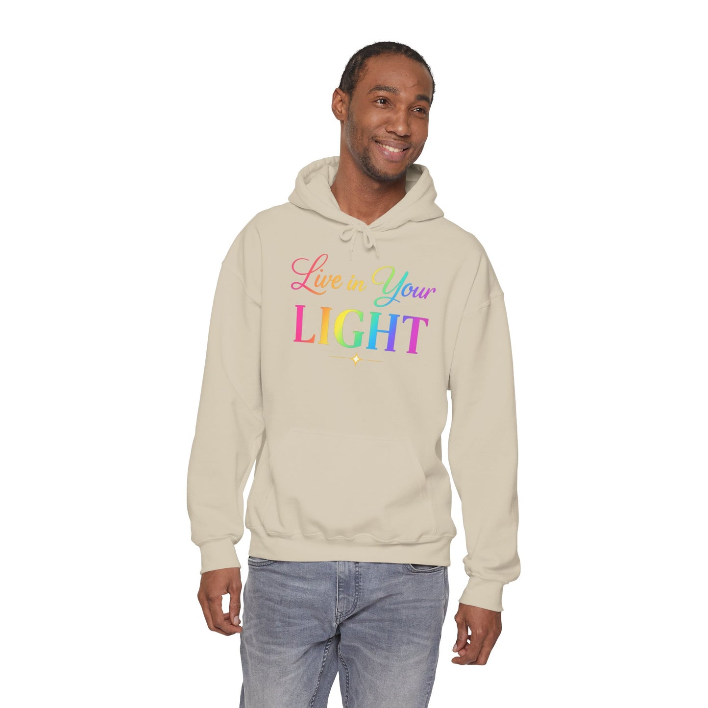 Live in Your Light Hoodie — Rainbow Inspirational Pullover