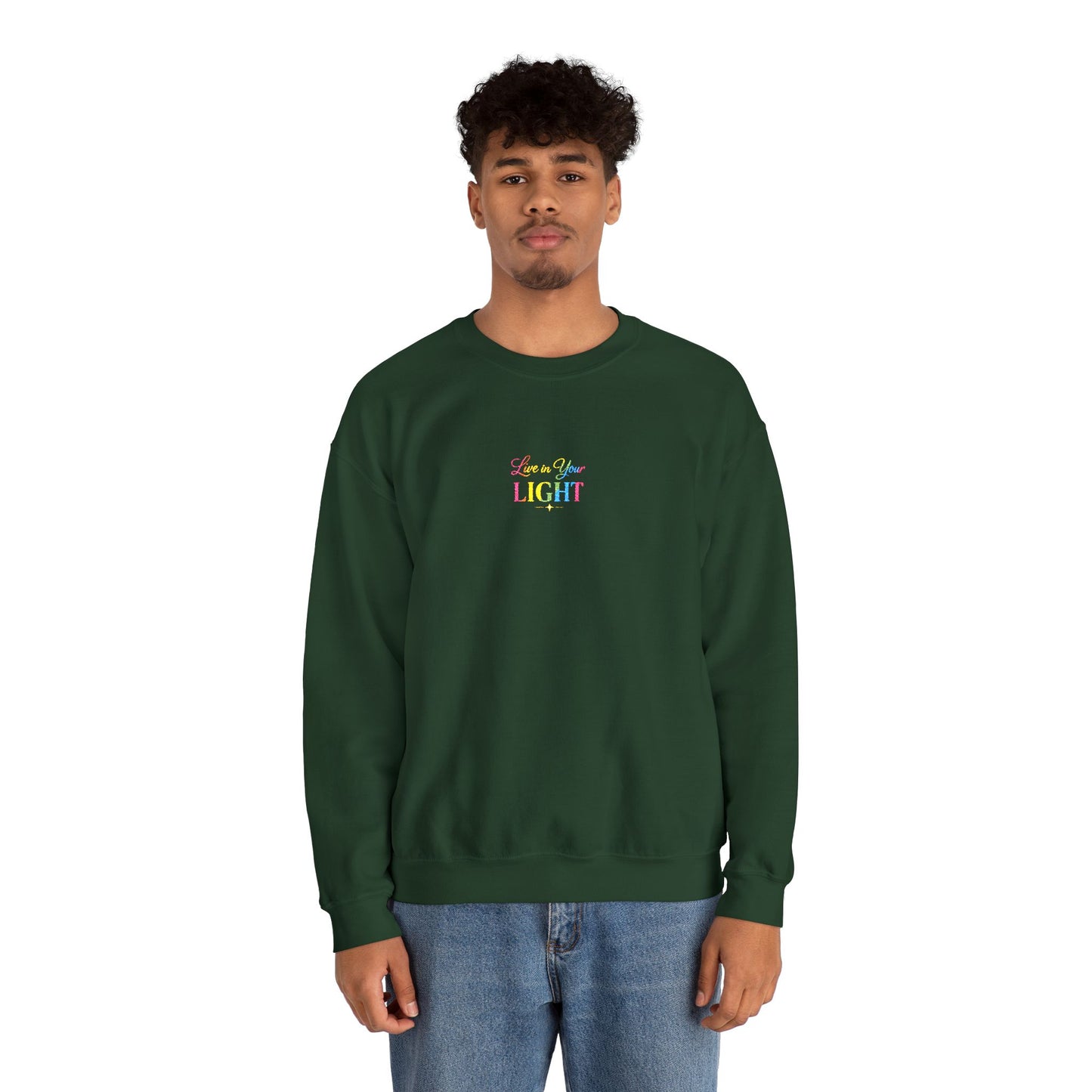 Crewneck Sweatshirt — "Live in your Light" Pastel Rainbow Inspirational Crew