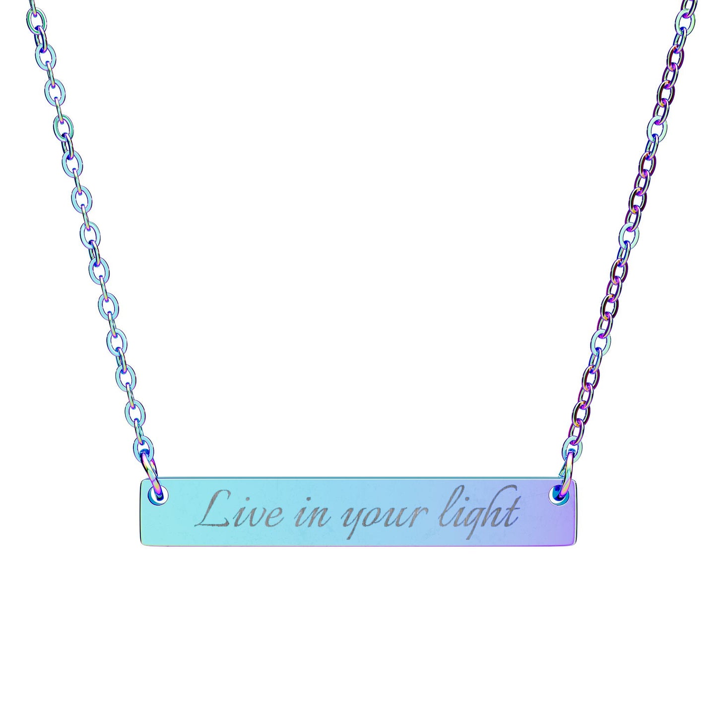 Engraved Horizontal Bar Necklace — “Live in Your Light” Personalized Pendant