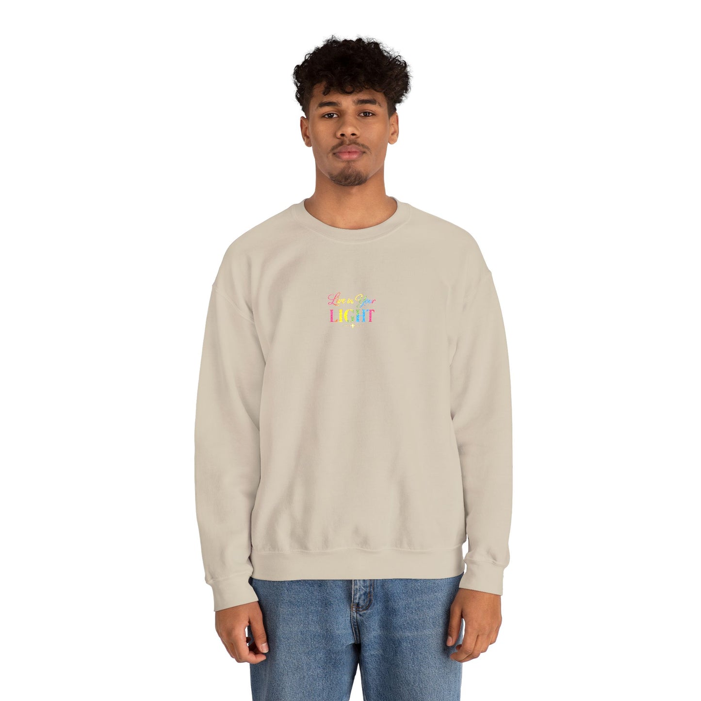 Crewneck Sweatshirt — "Live in your Light" Pastel Rainbow Inspirational Crew