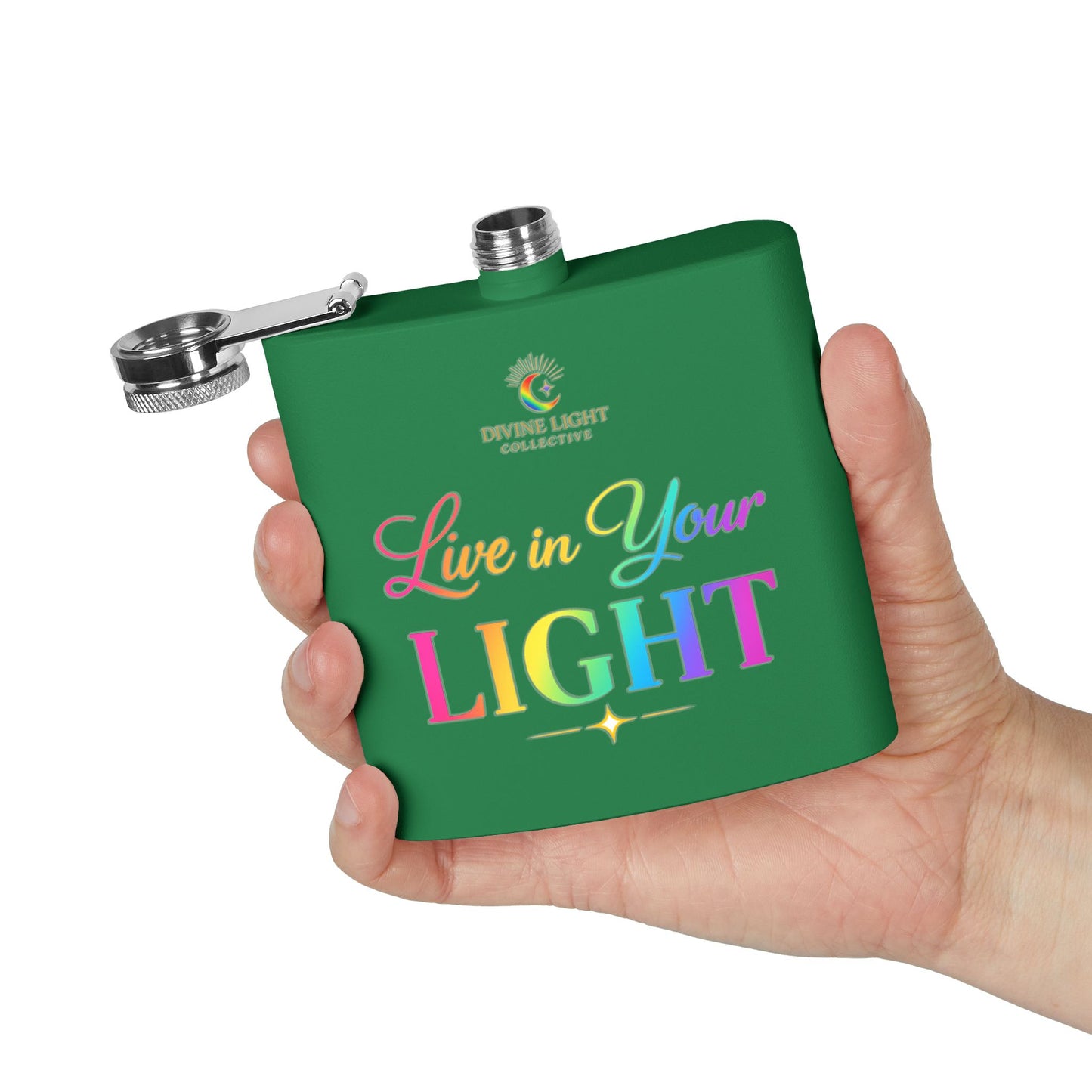 Live in Your Light Stainless Steel Flask — 6oz Rainbow Inspirational Hip Flask
