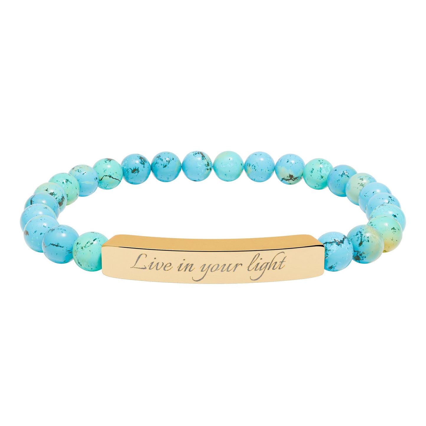 Natural Stone Beaded Stretch Bracelet with Engraved Bar — Live in your light Message Jewelry
