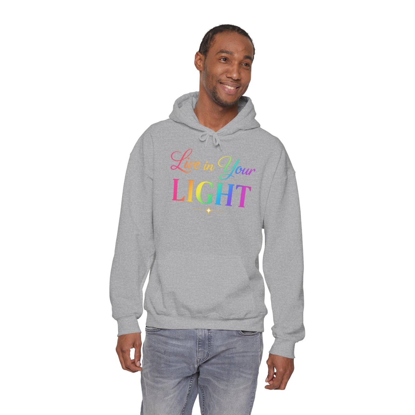 Live in Your Light Hoodie — Rainbow Inspirational Pullover
