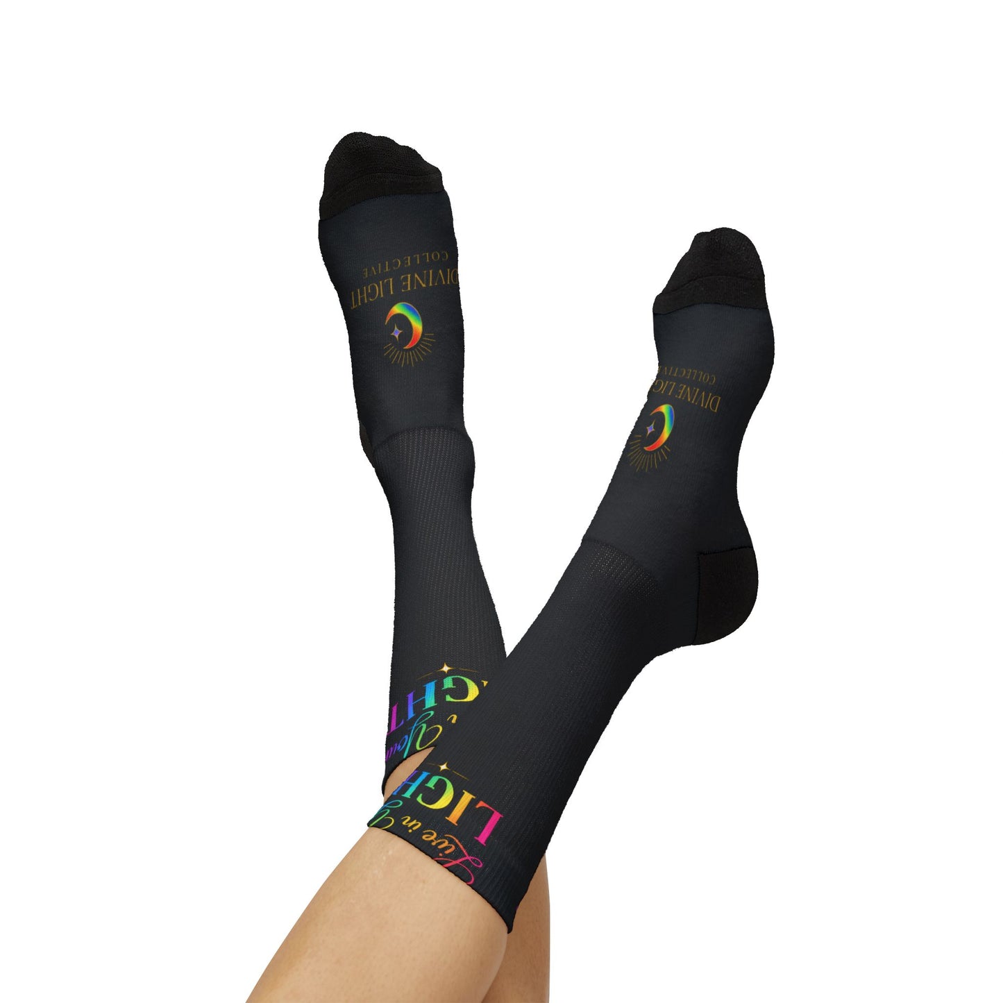 Inspirational 'Live in Your Light' Sublimation Socks — Rainbow Text Crew Socks