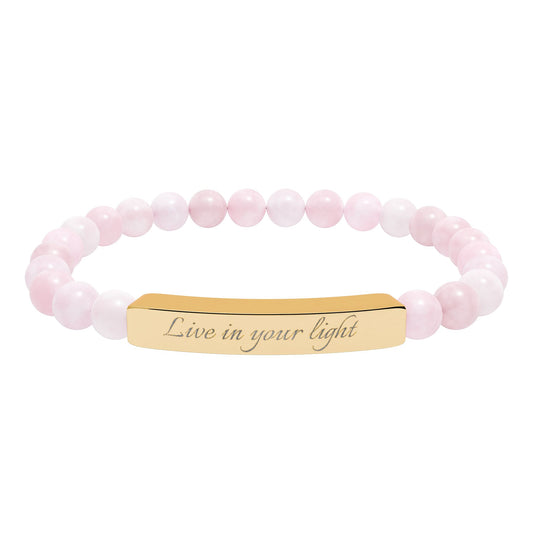 Natural Stone Beaded Stretch Bracelet with Engraved Bar — Live in your light Message Jewelry