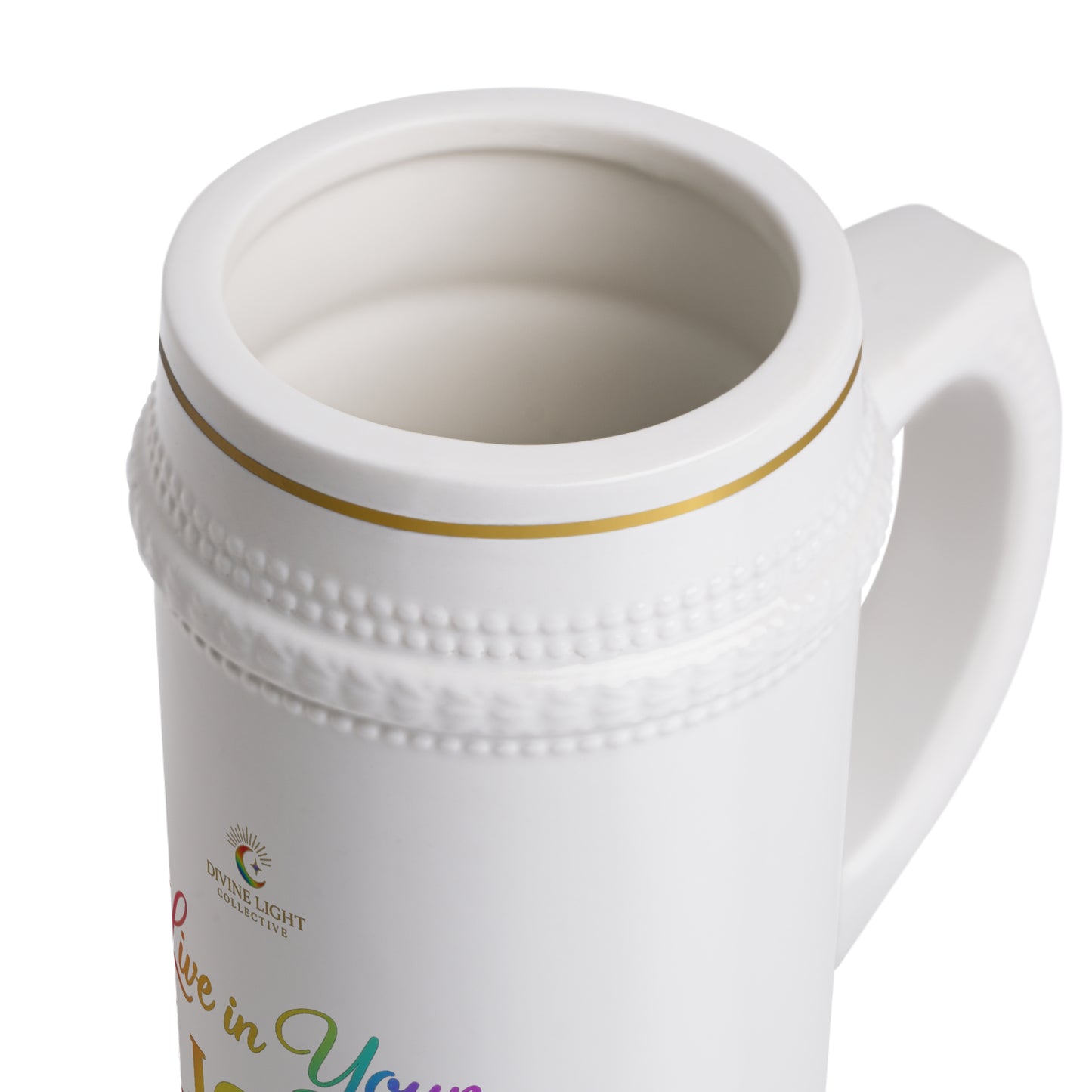 Live in Your Light Ceramic Stein Mug — Inspirational Rainbow Quote Beer Stein