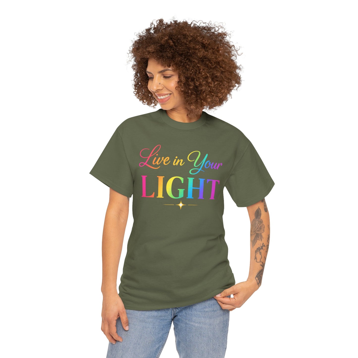 Live in Your Light Rainbow T‑Shirt — Inspirational Positive Message Tee