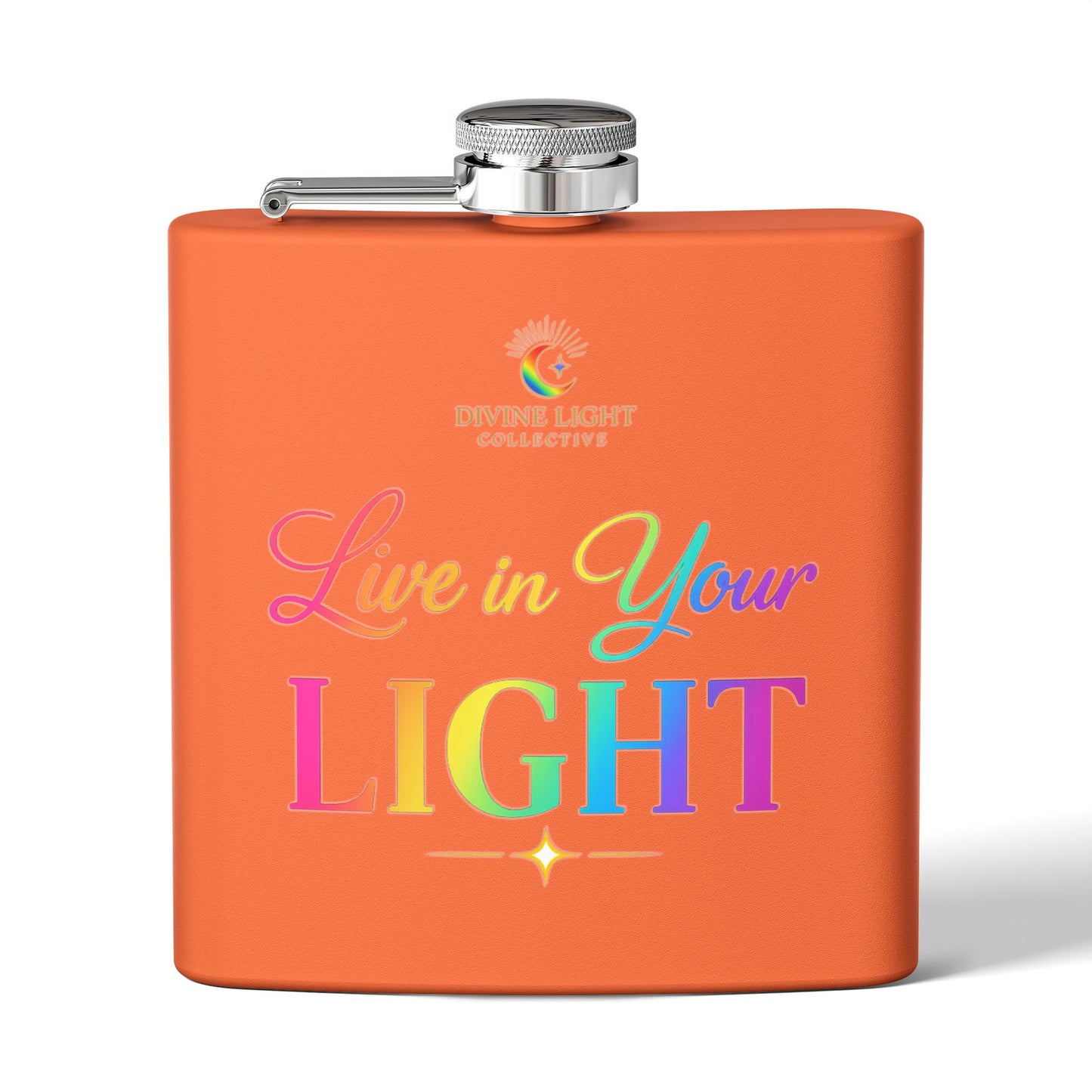 Live in Your Light Stainless Steel Flask — 6oz Rainbow Inspirational Hip Flask