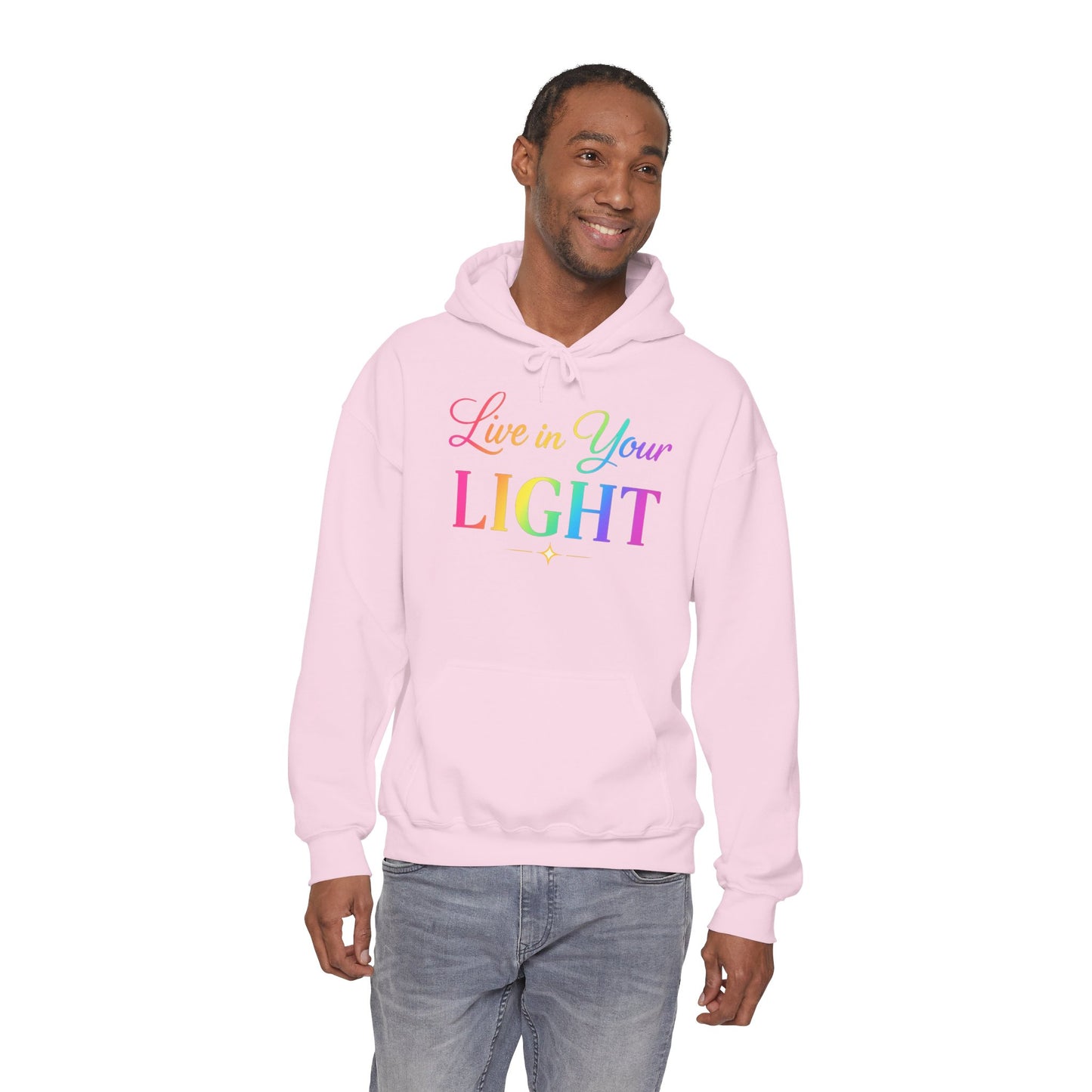 Live in Your Light Hoodie — Rainbow Inspirational Pullover