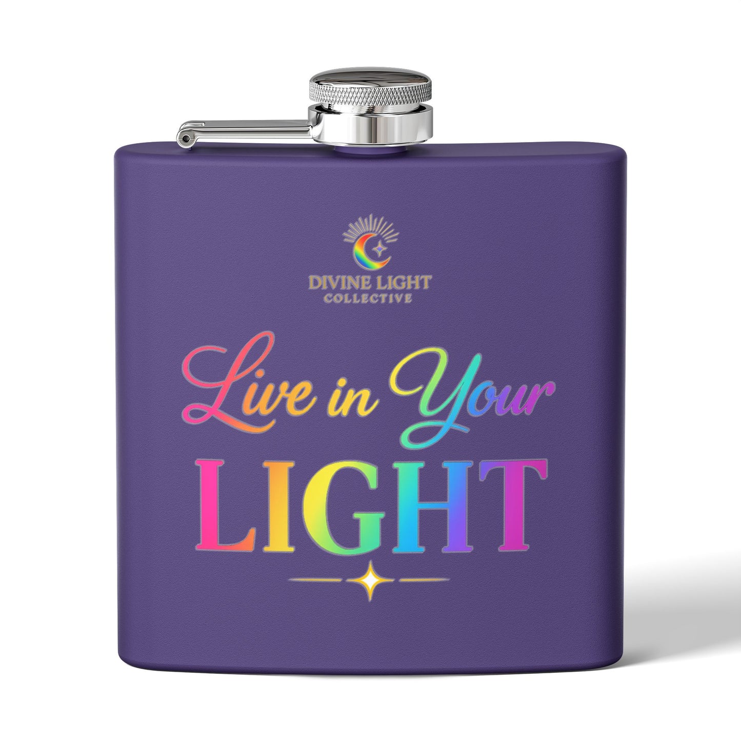 Live in Your Light Stainless Steel Flask — 6oz Rainbow Inspirational Hip Flask