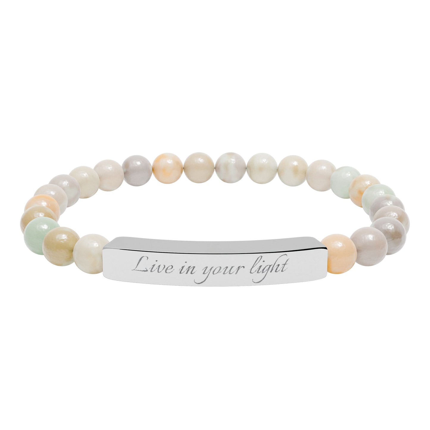 Natural Stone Beaded Stretch Bracelet with Engraved Bar — Live in your light Message Jewelry