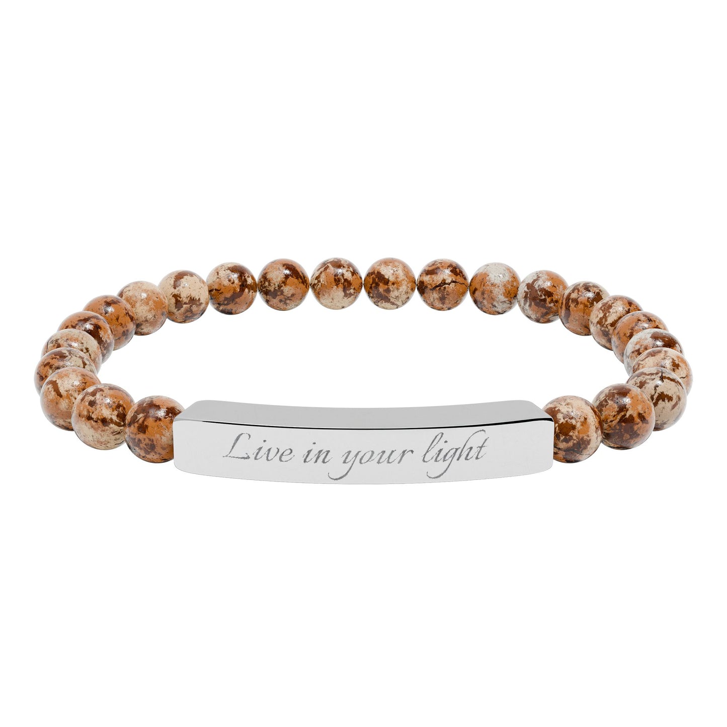 Natural Stone Beaded Stretch Bracelet with Engraved Bar — Live in your light Message Jewelry