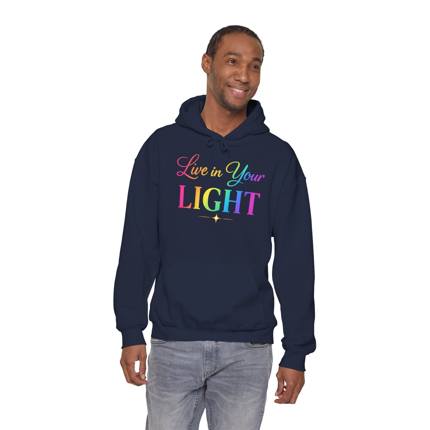 Live in Your Light Hoodie — Rainbow Inspirational Pullover