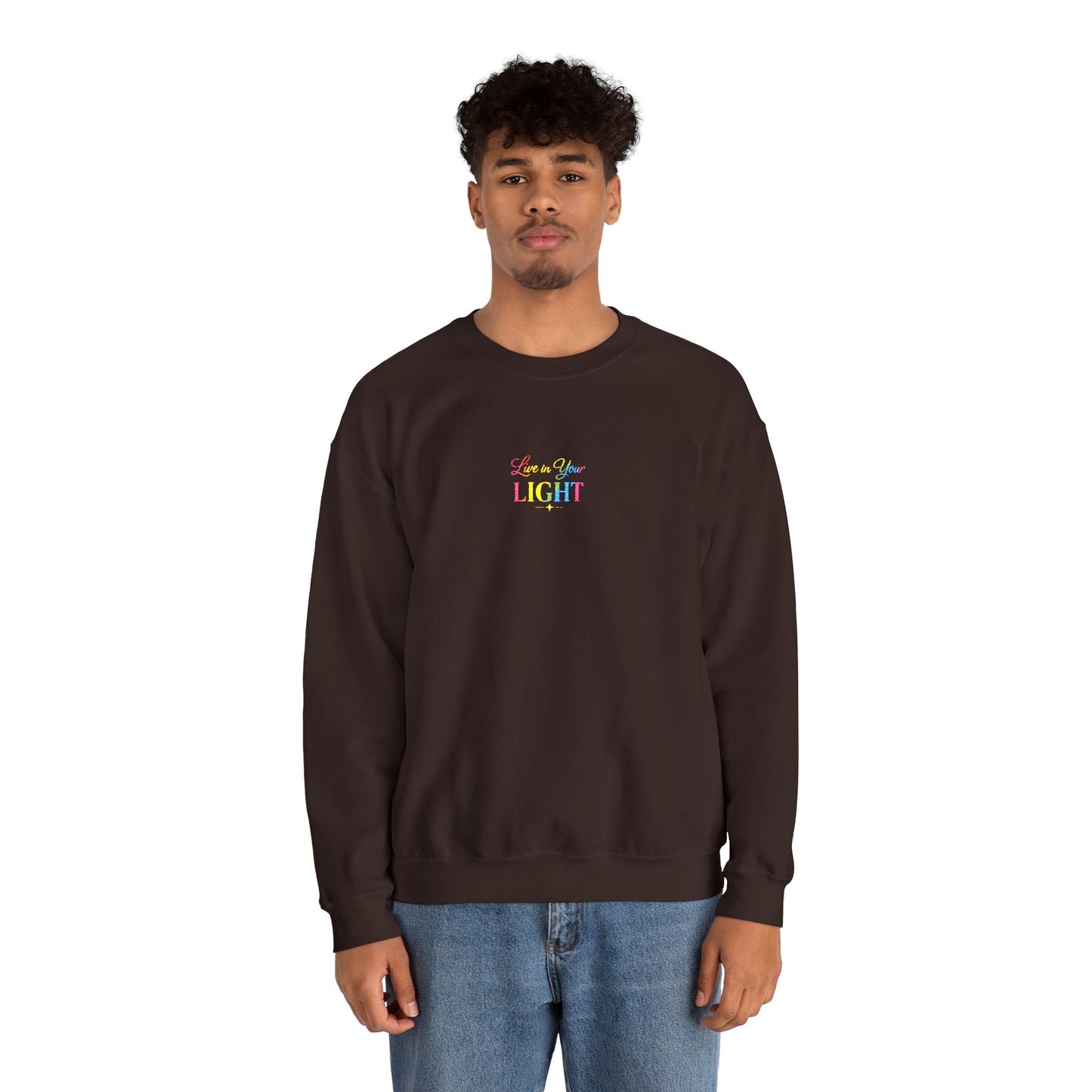 Crewneck Sweatshirt — "Live in your Light" Pastel Rainbow Inspirational Crew